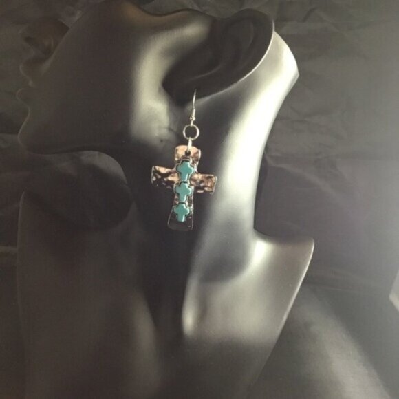 Inlaid Cross Pendant Dangle Stone Drop Earrings Jewelry Womens Party - Picture 4 of 4